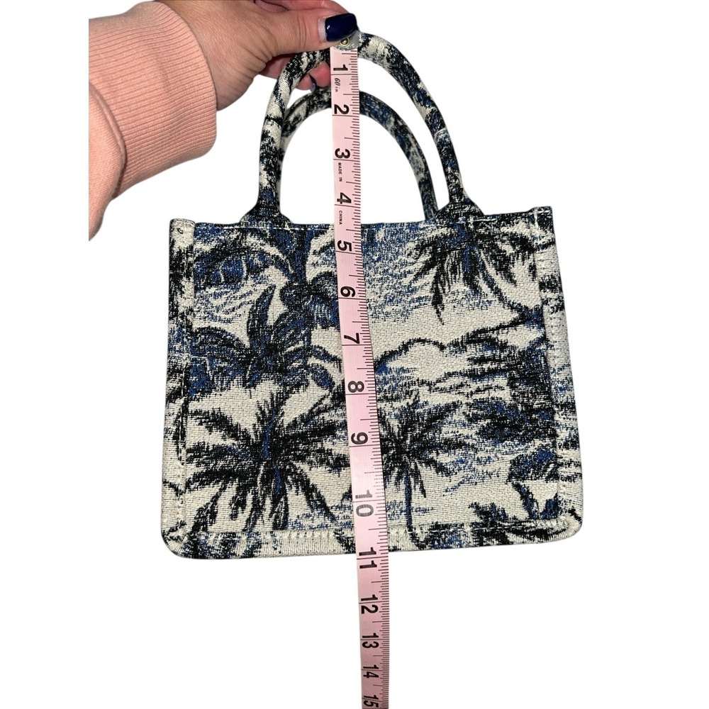H&M Mini Tote Jacquard Tote Palm Tree Leaf Tropical Bag Crossbody Strap Blue EUC - Picture 7 of 11